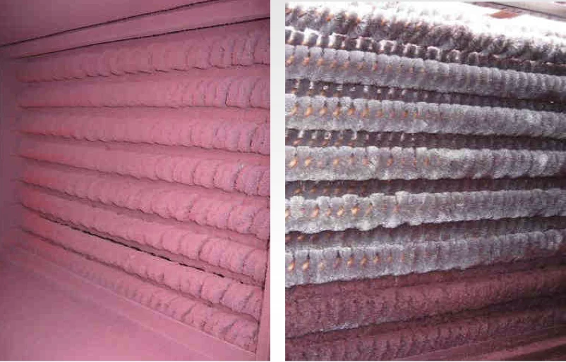 Two views of brush heat exchanger surfaces in a dusty application
